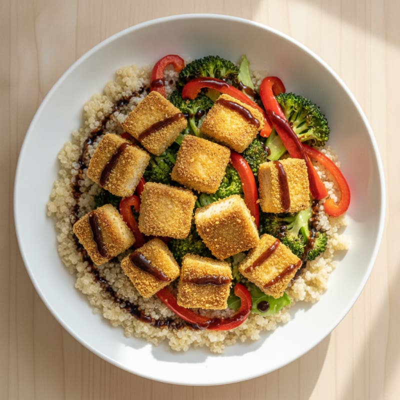 Crispy Tofu Power Bowl with Quinoa and Roasted Vegetables
