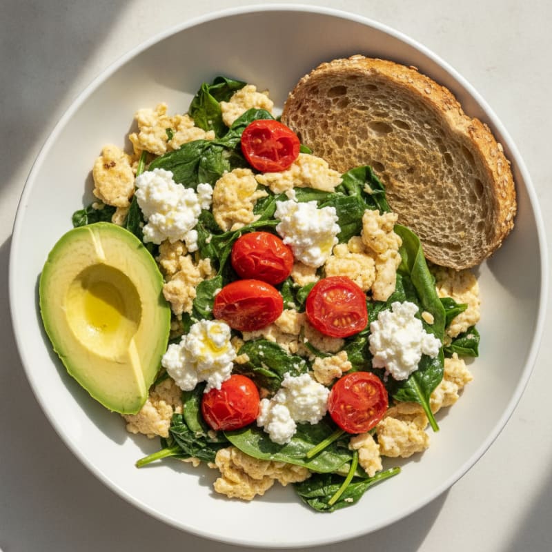 Egg White Spinach Scramble with Cottage Cheese and Tomatoes