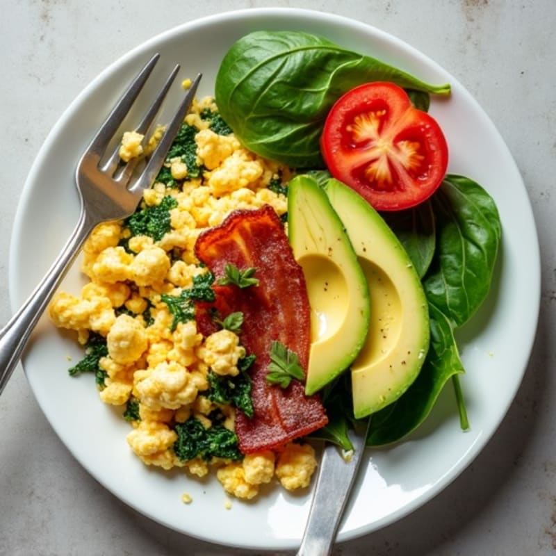 Egg White and Spinach Scramble with Cottage Cheese and Turkey Bacon