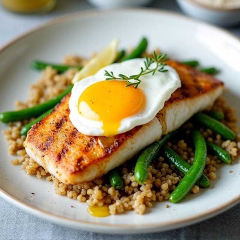 Grilled Fish Fillet with Roasted String Beans, Quinoa, and Poached Egg