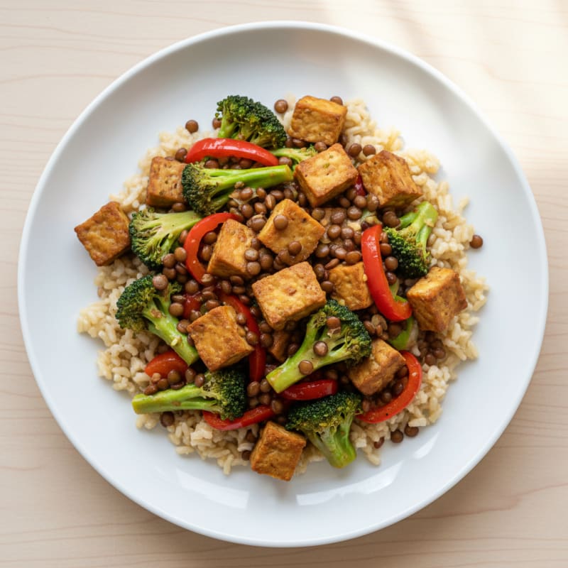Lentil and Tempeh Vegetable Stir Fry with Brown Rice