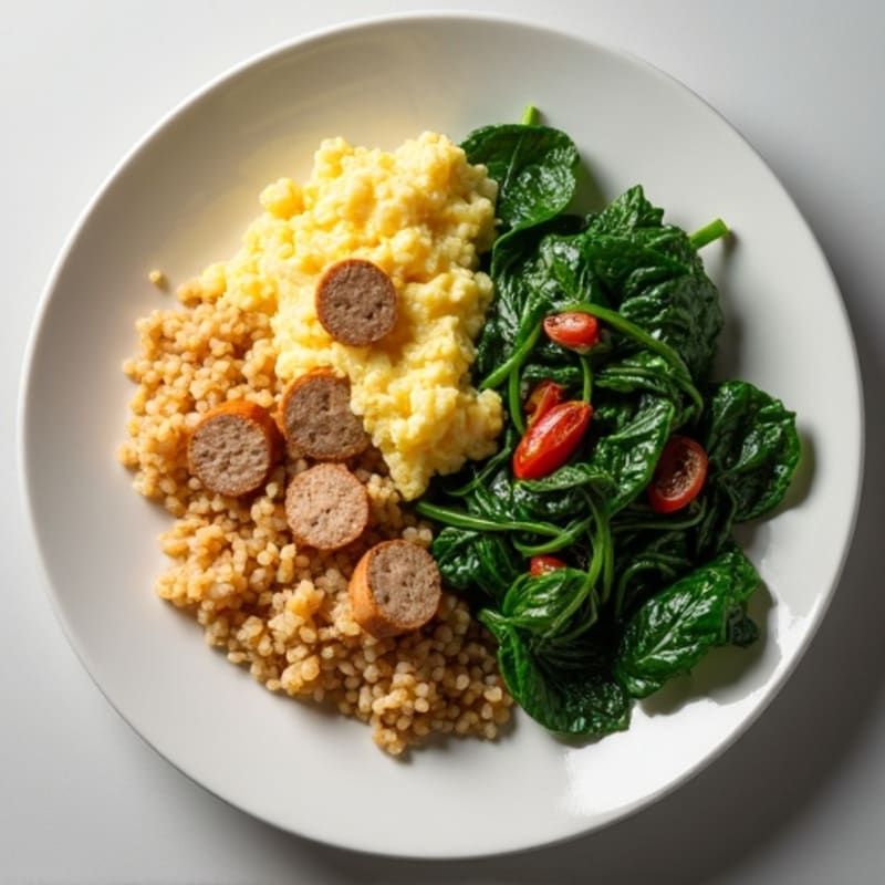 Egg White and Chicken Sausage Scramble with Sautéed Spinach and Brown Rice