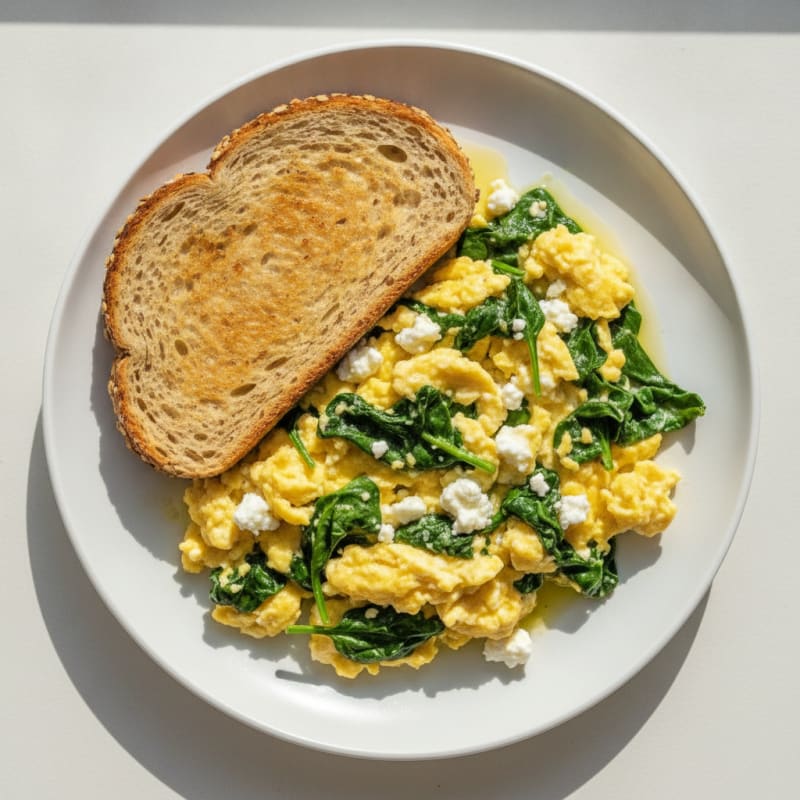 Scrambled Eggs with Cottage Cheese and Sautéed Spinach