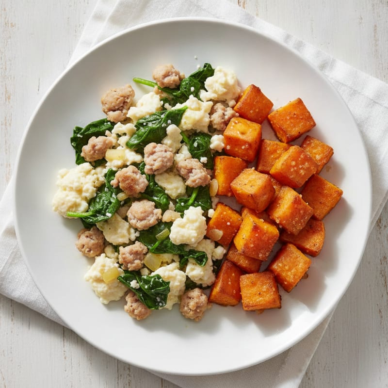 Egg White and Turkey Sausage Scramble with Spinach and Roasted Sweet Potatoes