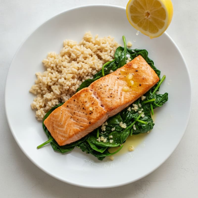 Seared Salmon with Garlic Sautéed Spinach and Brown Rice