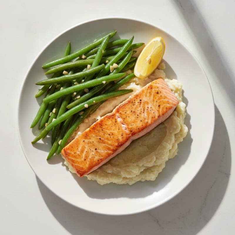 Seared Salmon with Garlic Green Beans and Cauliflower Mash