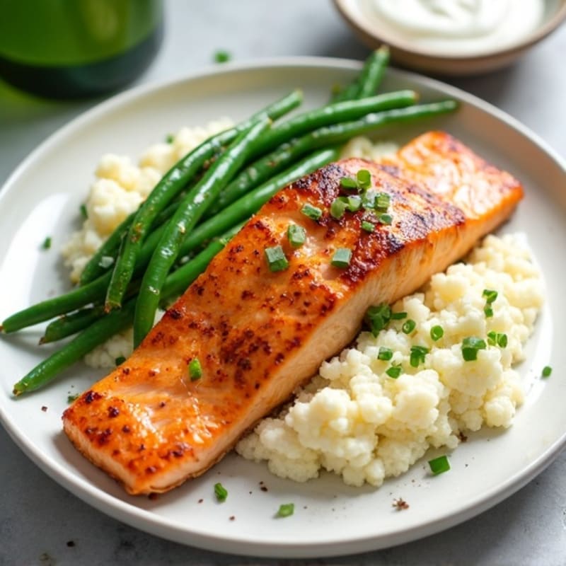 Seared Salmon with Steamed Green Beans and Garlic Cauliflower Mash