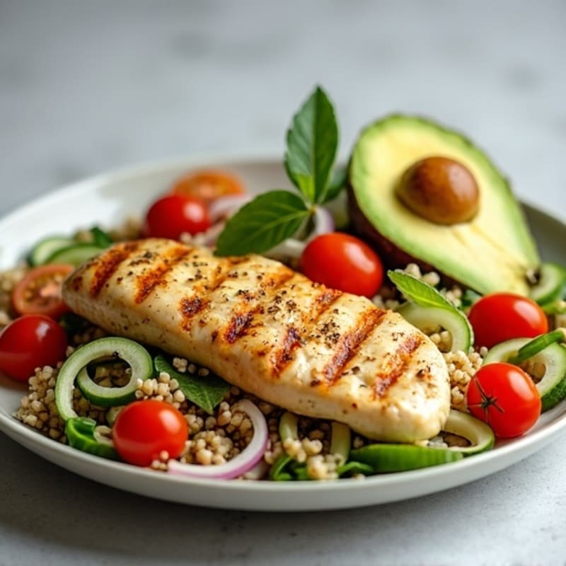 Grilled Chicken Breast with Crunchy Quinoa Salad and Avocado