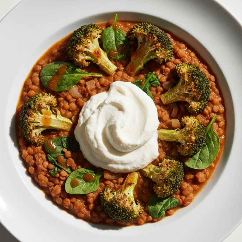 Creamy Lentil Stew with Roasted Broccoli and Spinach