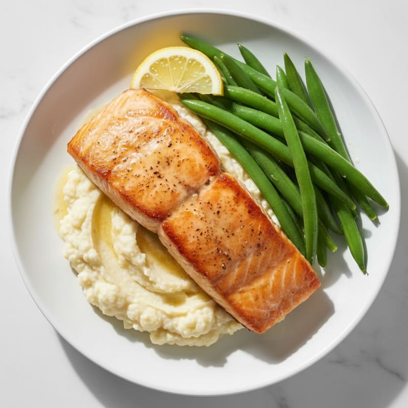 Seared Salmon with Steamed Green Beans and Garlic Cauliflower Mash