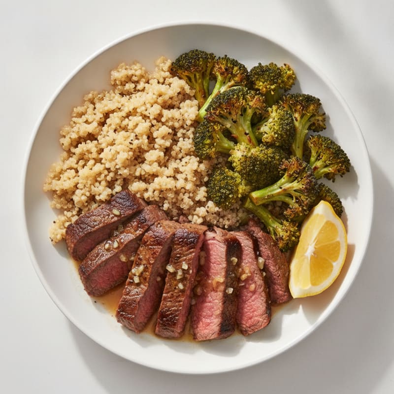 Seared Lean Beef with Roasted Broccoli and Quinoa