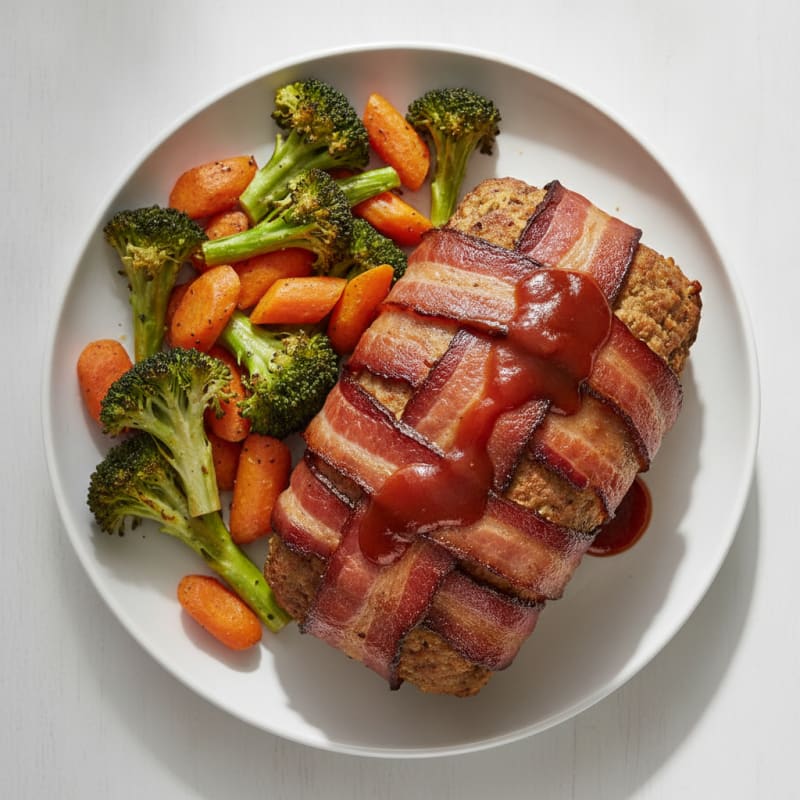 BBQ Bacon-Wrapped Meatloaf with Roasted Vegetables