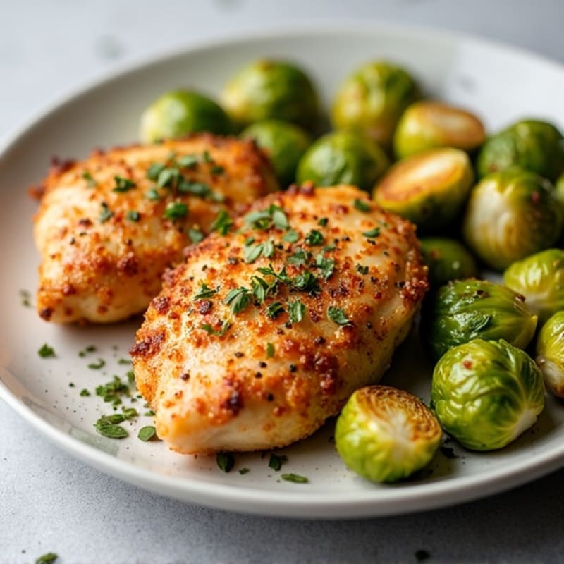 Crispy Roasted Brussels Sprouts with Lemon Garlic Chicken