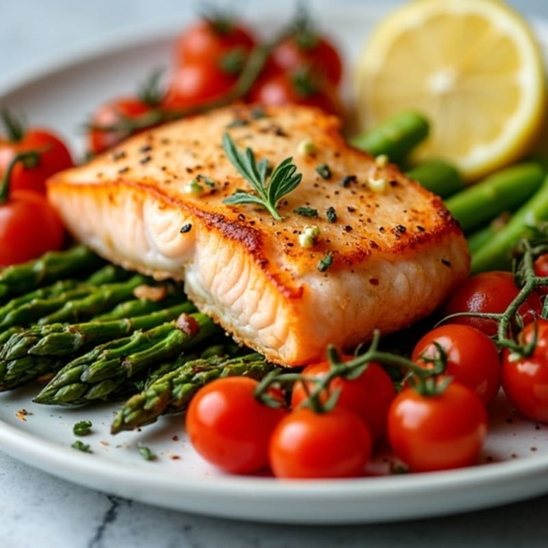 Sheet Pan Lemon-Garlic Salmon with Crispy Asparagus and Cherry Tomatoes