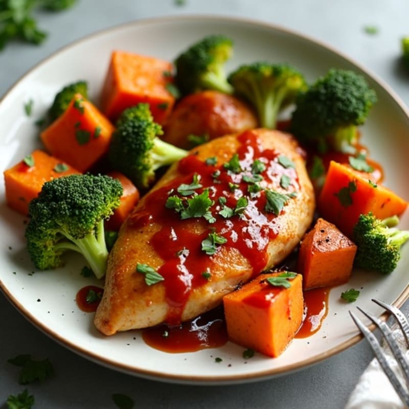 Sheet Pan Spicy BBQ Chicken with Roasted Sweet Potatoes and Broccoli
