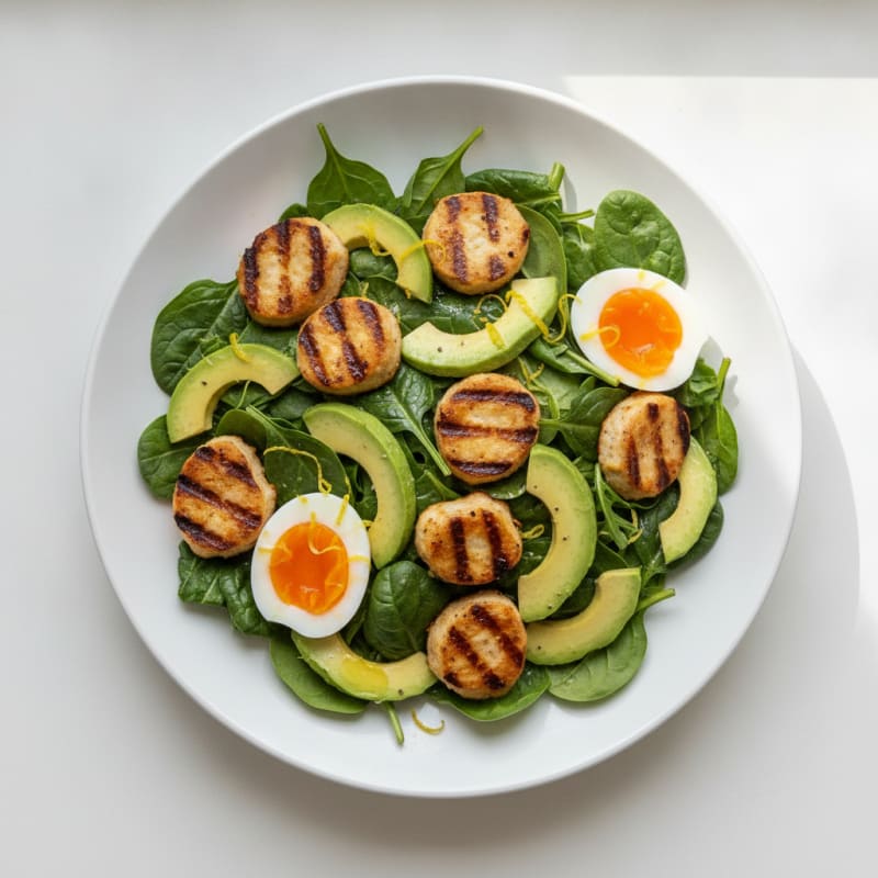 Grilled Soya Fillet Salad with Spinach and Avocado