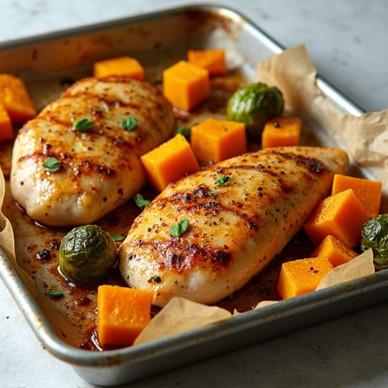 Sheet Pan Roasted Pumpkin, Chicken, and Crispy Brussels Sprouts