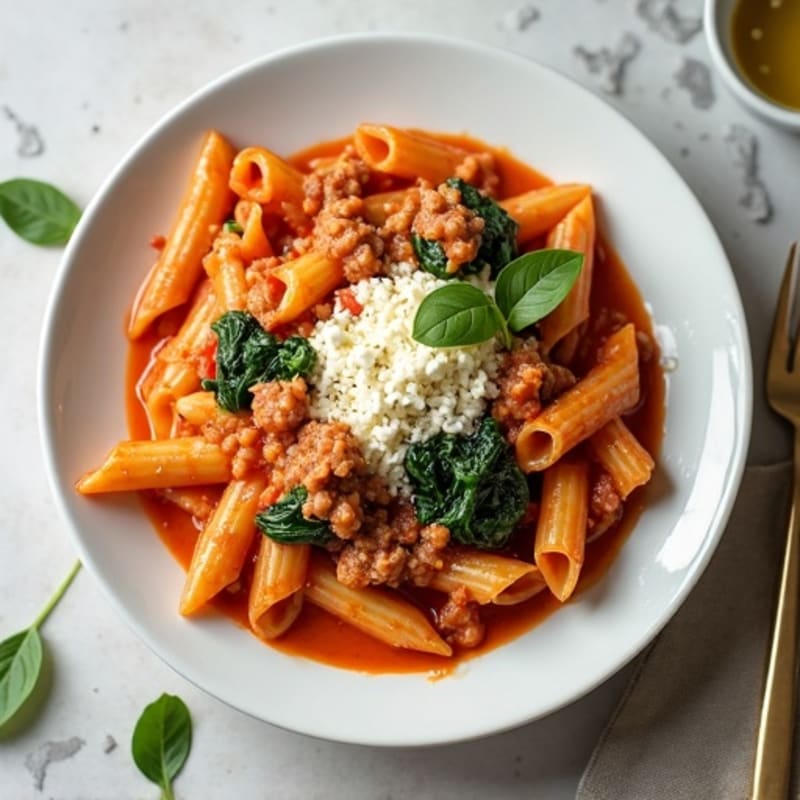 Creamy Lean Ground Turkey Baked Ziti with Spinach