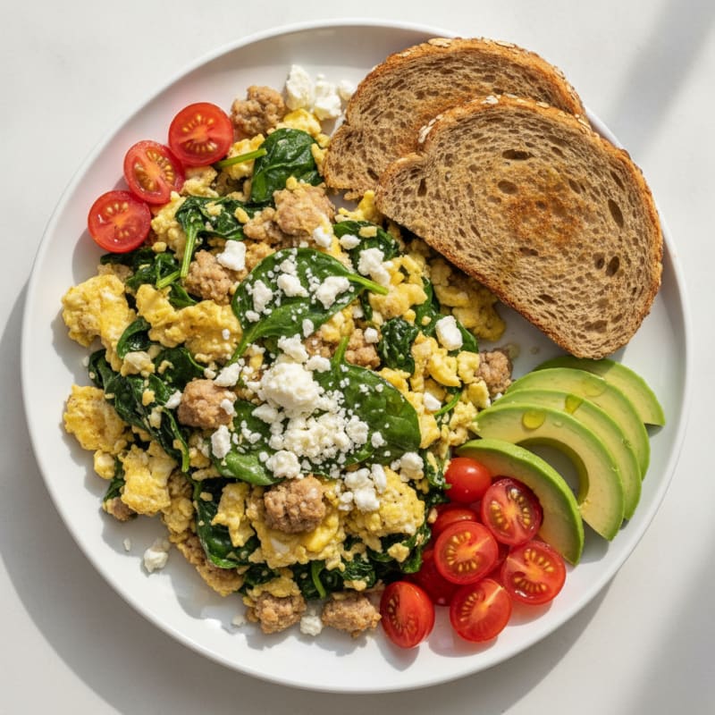 Egg White and Turkey Sausage Scramble with Spinach and Feta