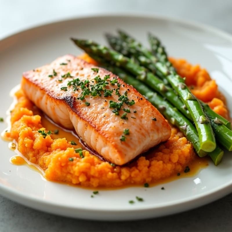 Seared Salmon with Roasted Asparagus and Sweet Potato Mash