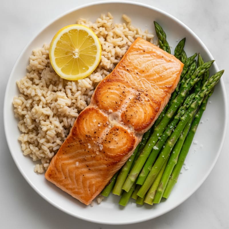 Seared Salmon with Steamed Asparagus and Brown Rice
