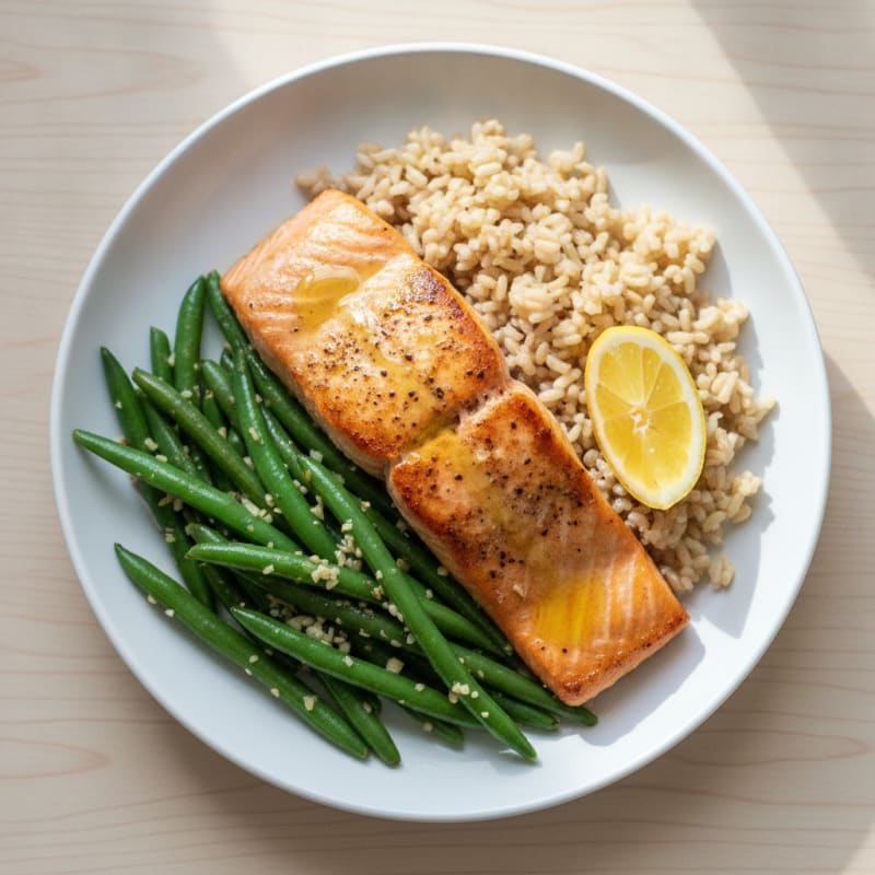 Seared Salmon with Garlic Green Beans and Brown Rice