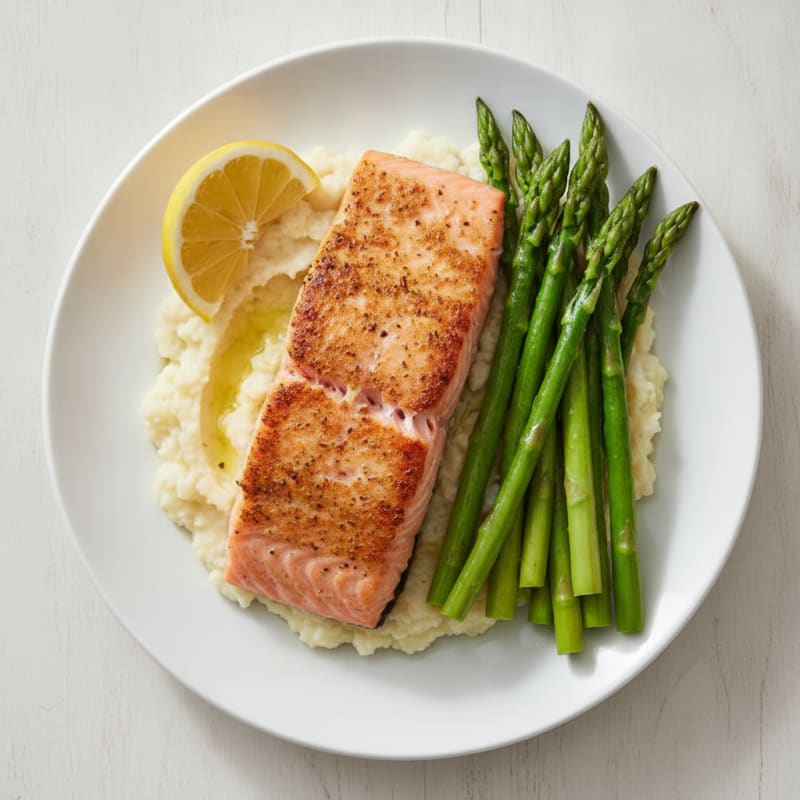 Seared Salmon Fillet with Steamed Asparagus and Cauliflower Mash