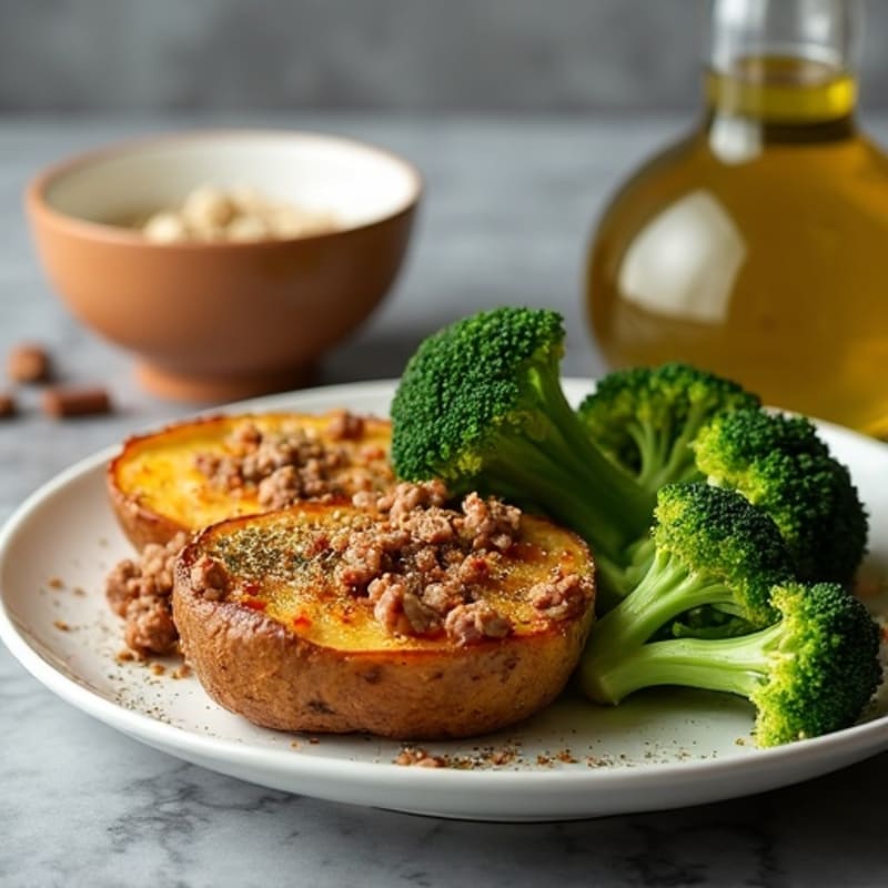 Crispy Baked Potatoes with Lean Ground Beef and Roasted Broccoli