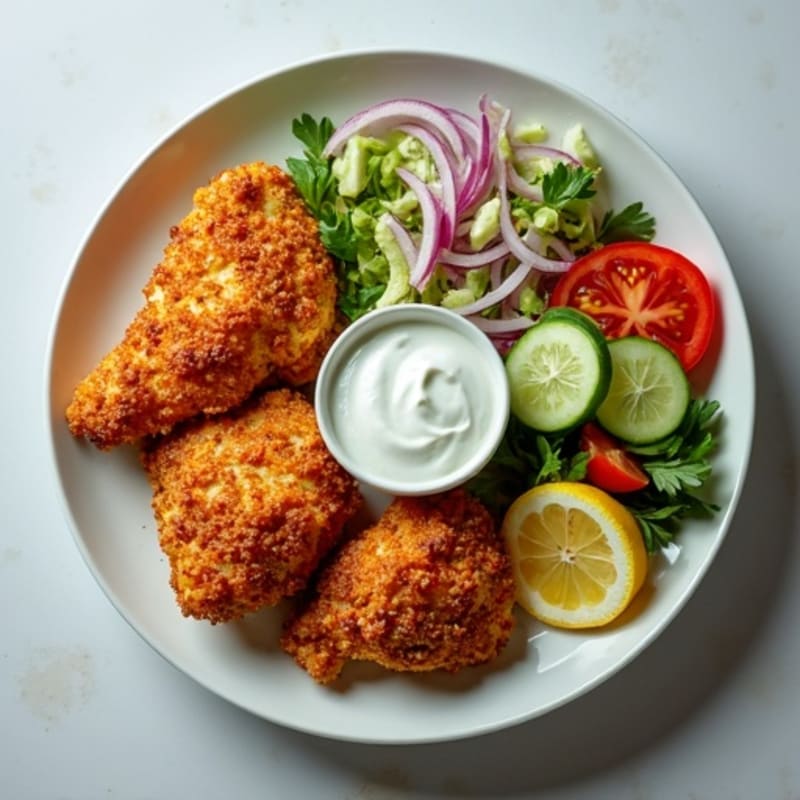 Crispy Shawarma-Spiced Chicken with Creamy Garlic Sauce and Fresh Chopped Salad