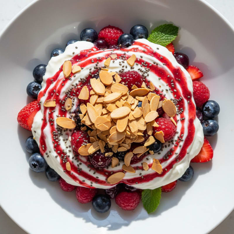 High-Protein Greek Yogurt Parfait with Mixed Berries and Almonds