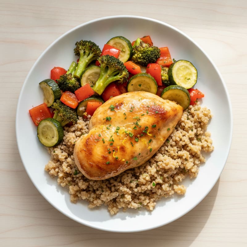 Baked Lemon Herb Chicken with Roasted Mixed Vegetables and Quinoa
