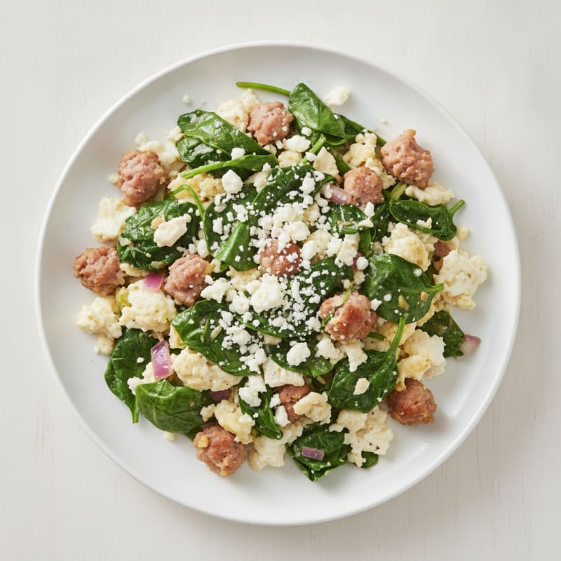 Egg White and Turkey Sausage Scramble with Sautéed Spinach