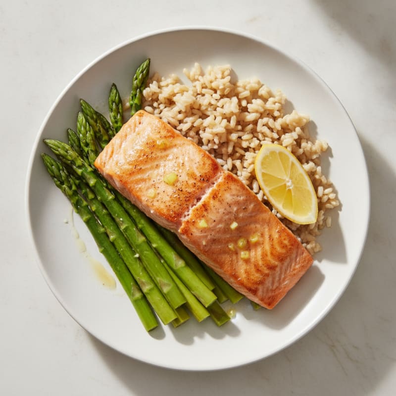 Seared Salmon with Steamed Asparagus and Brown Rice