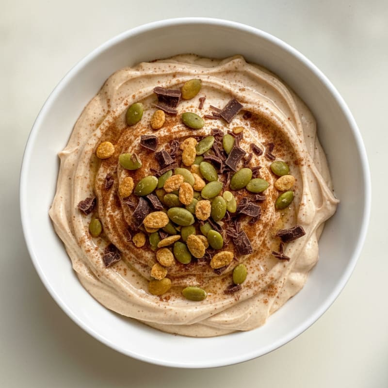 Cinnamon Protein Yogurt with Toasted Pumpkin Seeds and Dark Chocolate Shavings