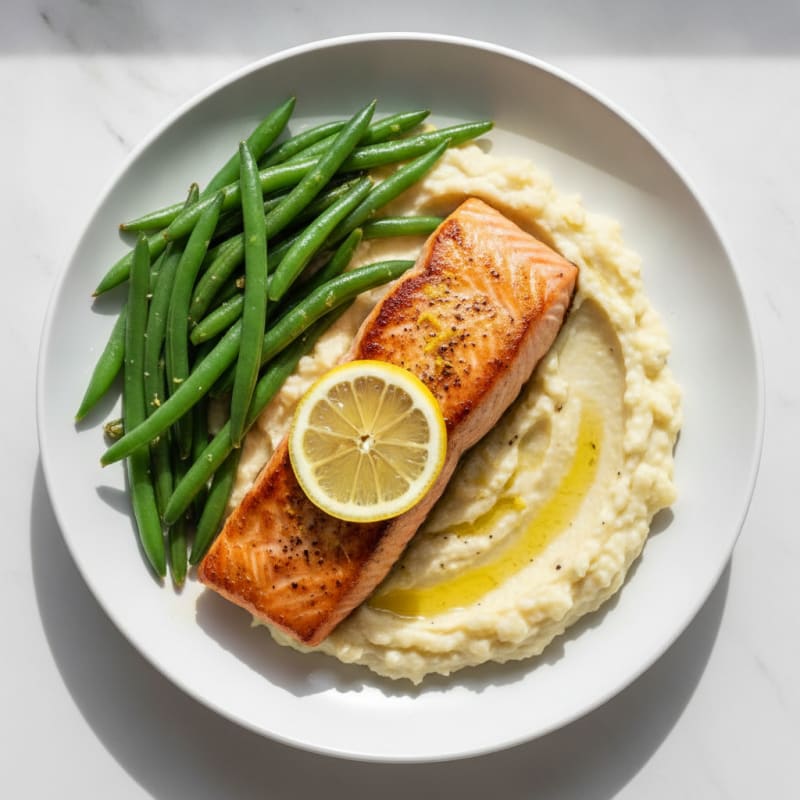 Seared Salmon with Steamed Green Beans and Garlic Mashed Cauliflower
