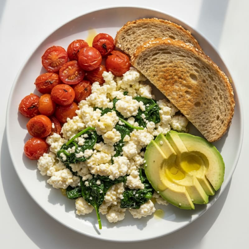 Egg White and Spinach Scramble with Cottage Cheese and Cherry Tomatoes