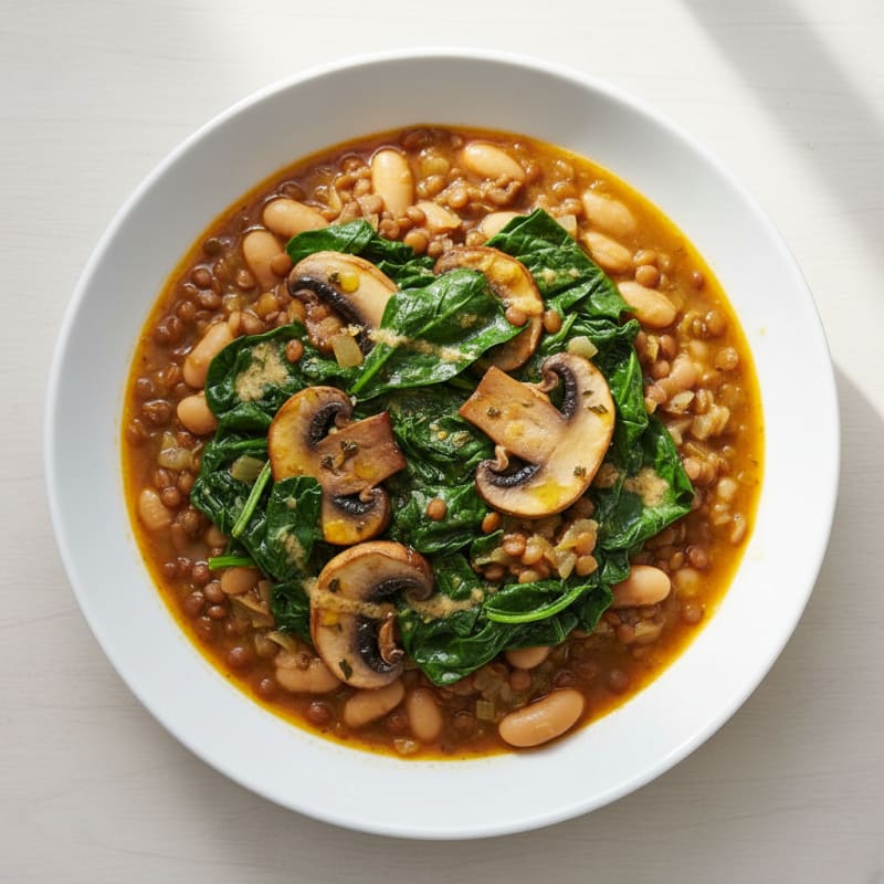 Lentil and White Bean Stew with Sautéed Spinach and Mushrooms
