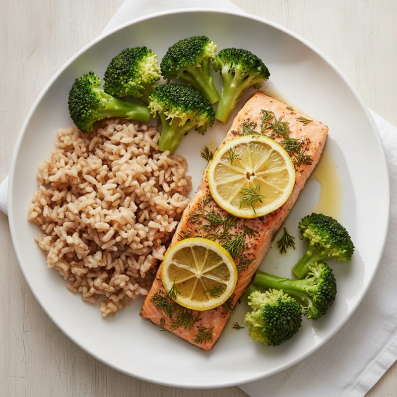 Herb-Roasted Salmon with Steamed Broccoli and Brown Rice