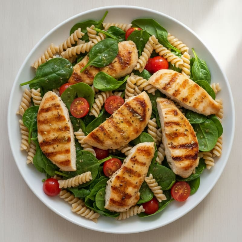 Grilled Chicken Pasta Salad with Spinach and Cherry Tomatoes