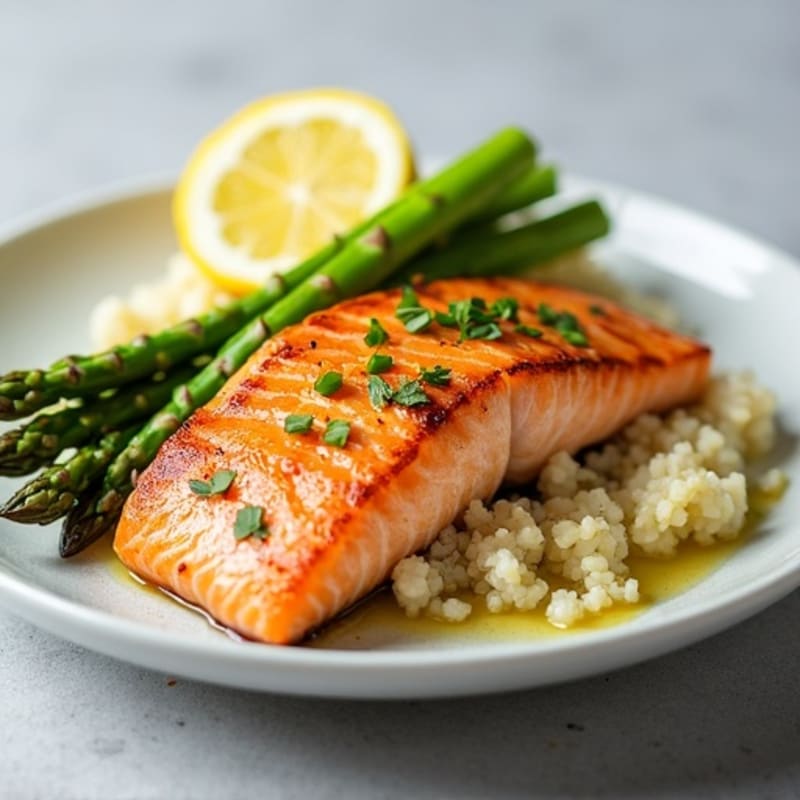 Seared Salmon with Steamed Asparagus and Lemon-Cauliflower Rice