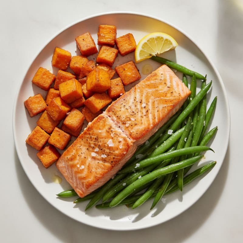 Seared Salmon with Roasted Sweet Potatoes and Green Beans
