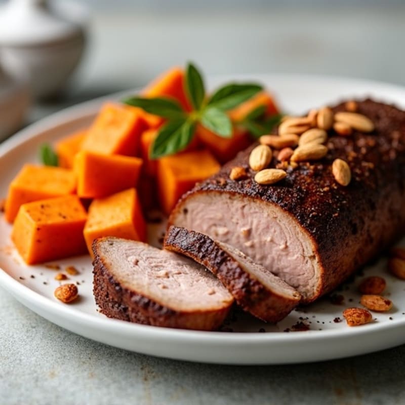 Chocolate-Spiced Pork Tenderloin with Roasted Sweet Potatoes and Crunchy Almonds