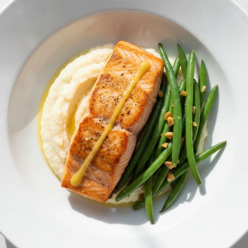 Seared Salmon with Garlic Green Beans and Cauliflower Mash