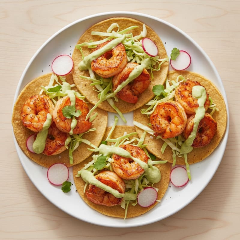Chili-Lime Shrimp Tostadas with Avocado Crema