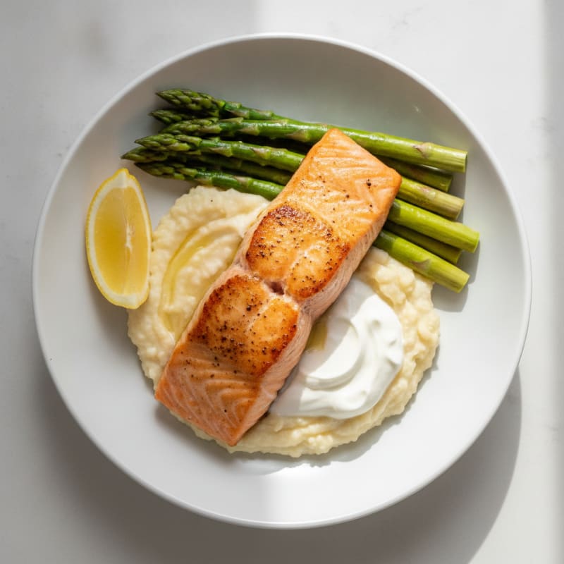 Seared Salmon with Steamed Asparagus and Cauliflower Mash