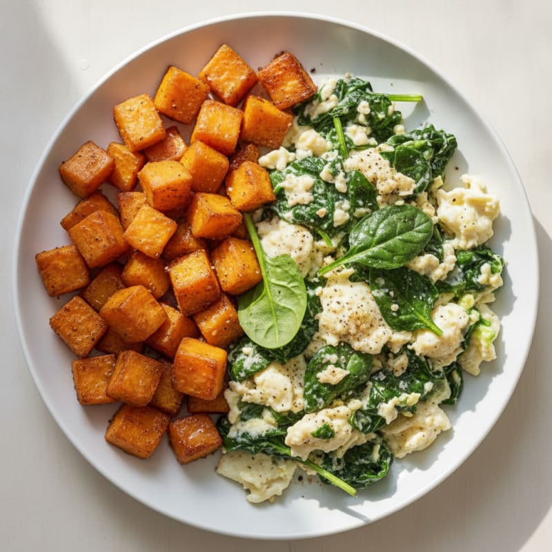 Scrambled Egg Whites with Sautéed Spinach and Roasted Sweet Potato Cubes