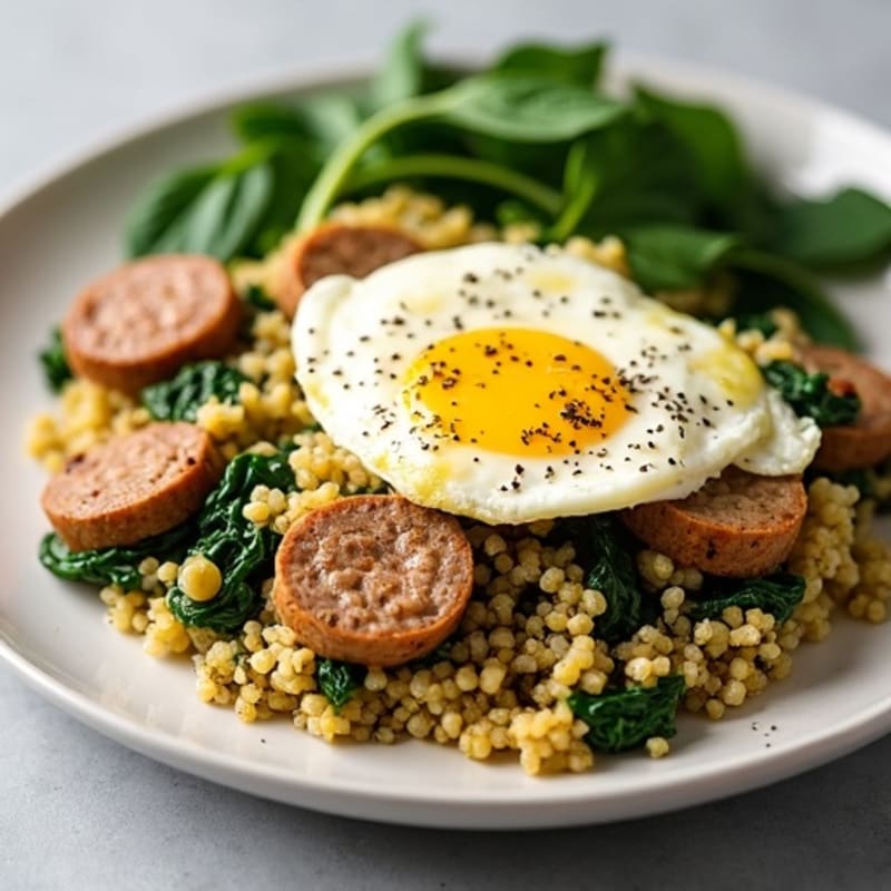 Egg White Scramble with Turkey Sausage, Quinoa & Sautéed Spinach