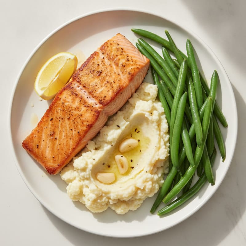 Seared Salmon with Steamed Green Beans and Garlic Mashed Cauliflower