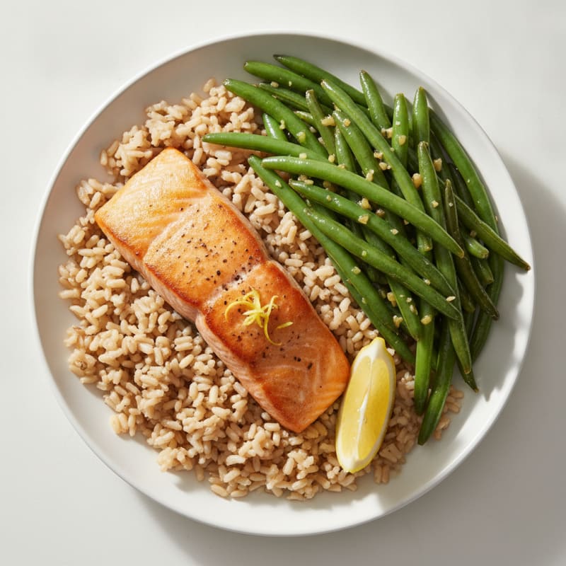 Seared Salmon Fillet with Garlic Green Beans and Brown Rice