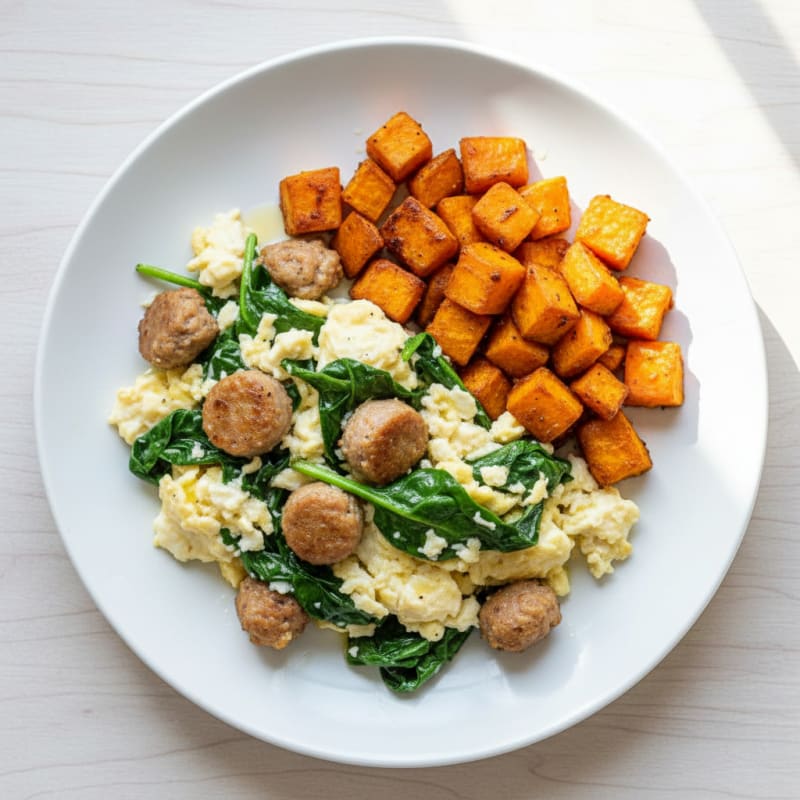 Egg White Spinach Scramble with Turkey Sausage